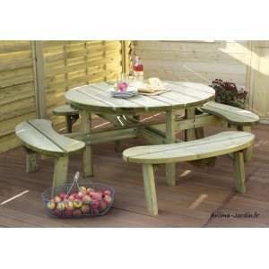 Table pique-nique ronde, bois, 8 places, table extérieur, Solid, achat pas cher