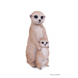 Maman suricate et son bébé, H.26 cm, animal en résine, décoration extérieure