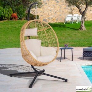 Fauteuil de jardin suspendu en rotin naturel avec coussin beige