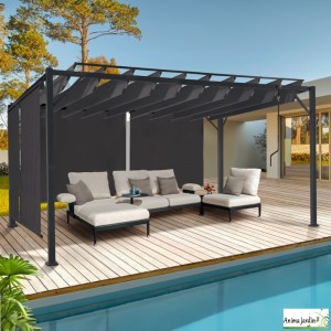 Pergola en acier gris 4x3 m, 4 stores, Lames orientables, Venice