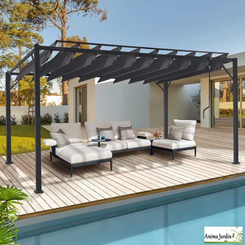 Pergola en acier gris 4x3 m, Lames orientales, Venice, anima jardin