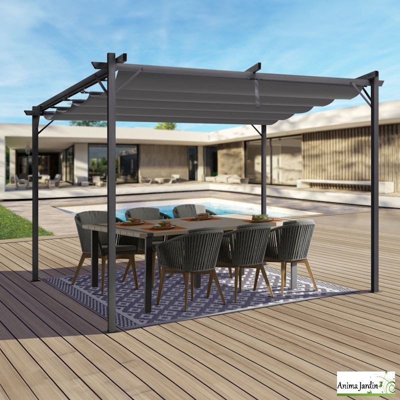 Pergola en acier gris 2,9x2,9 m, Toile rétractable, Marina, anima jardin