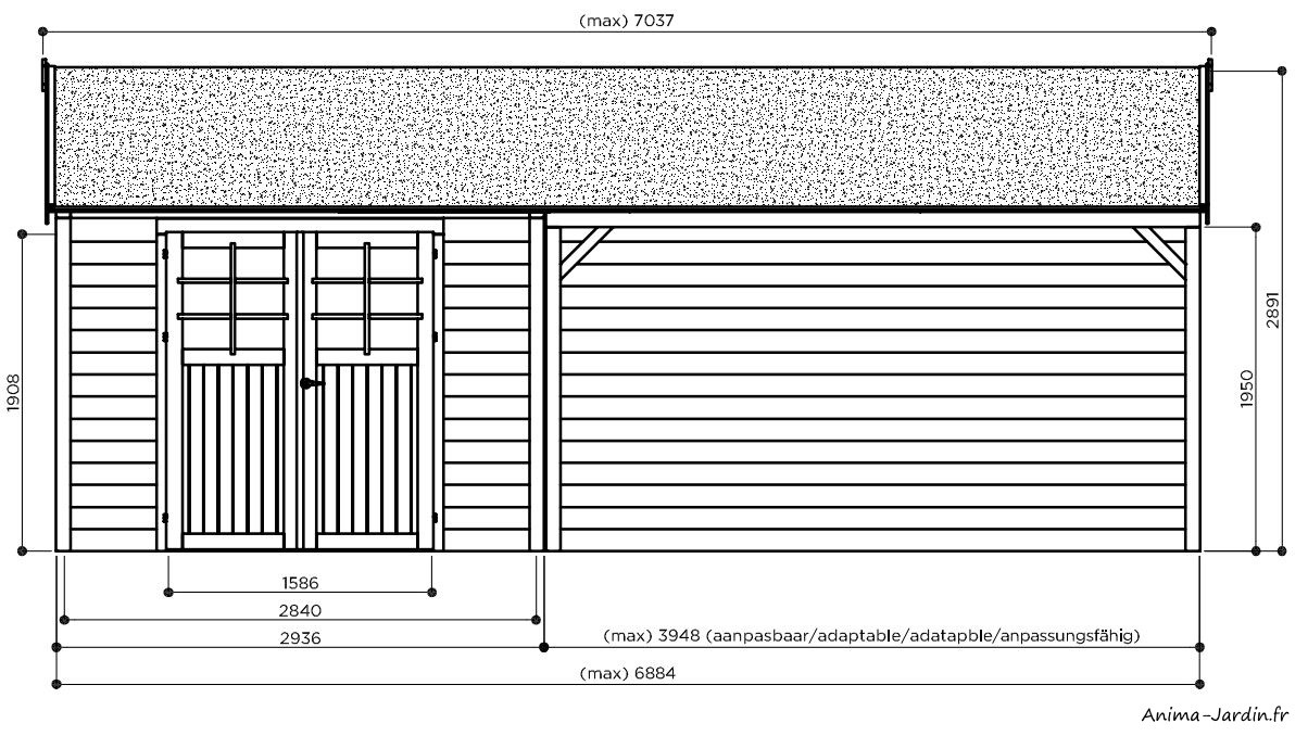 Abri de jardin en bois traité autoclave-Cambrai-19 mm-8,62 m²-avec avancée-Anima-Jardin.fr