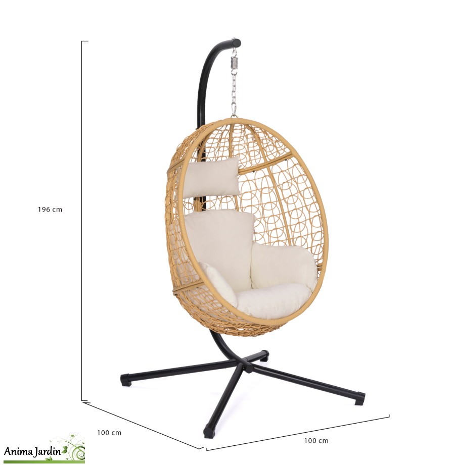 Fauteuil de jardin suspendu en rotin naturel avec coussin beige-Anima-Jardin.fr