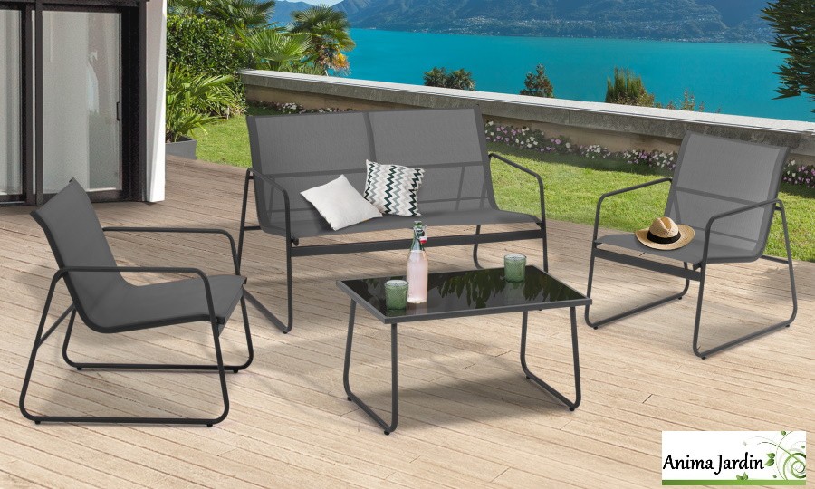 Salon de jardin en acier Textilene-4 personnes-gris anthracite-Anima-Jardin.fr