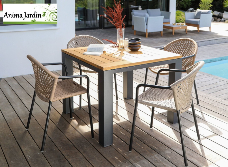 Table de jardin Torino carré, 100/100cm, 4 personnes, aluminium et teck Proloisir, Anima Jardin