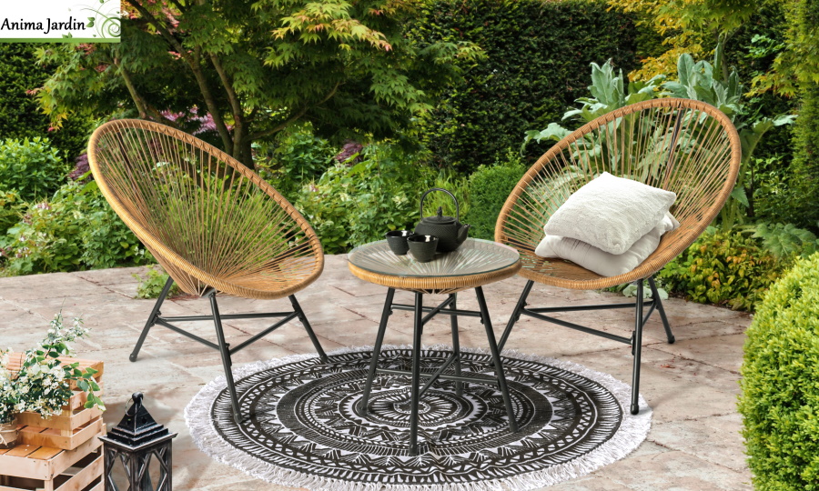 Salon de jardin œuf Cuba en cordage beige, 2 personnes