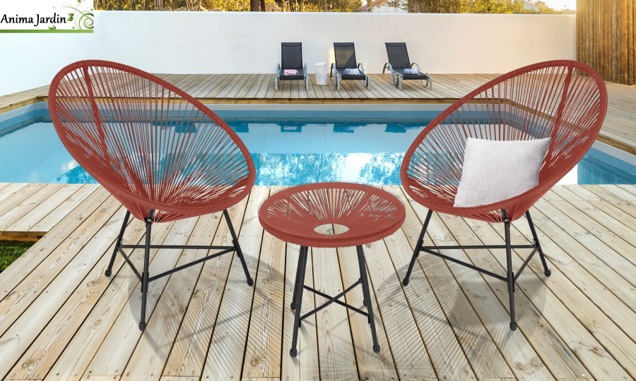 Salon de jardin œuf Ibiza en cordage terracotta, 2 personnes