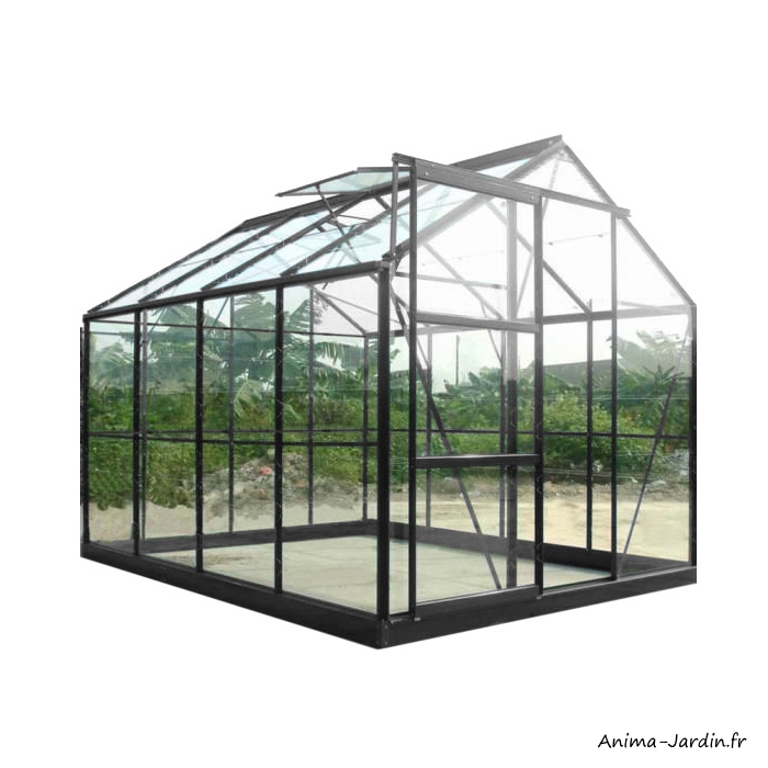 Serre de jardin en aluminium laqué-anthracite-4,65 m²-verre trempé-avec base-achat-pas cher-Anima-Jardin.fr