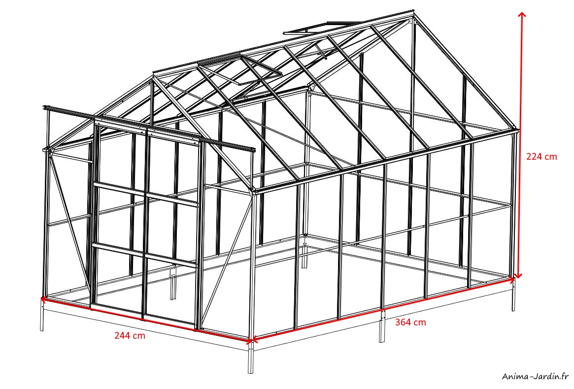 Serre de jardin en aluminium laqué-128-gris-8,88m²-verre trempée-avec base-dimensions-achat-pas cher-Anima-Jardin.fr