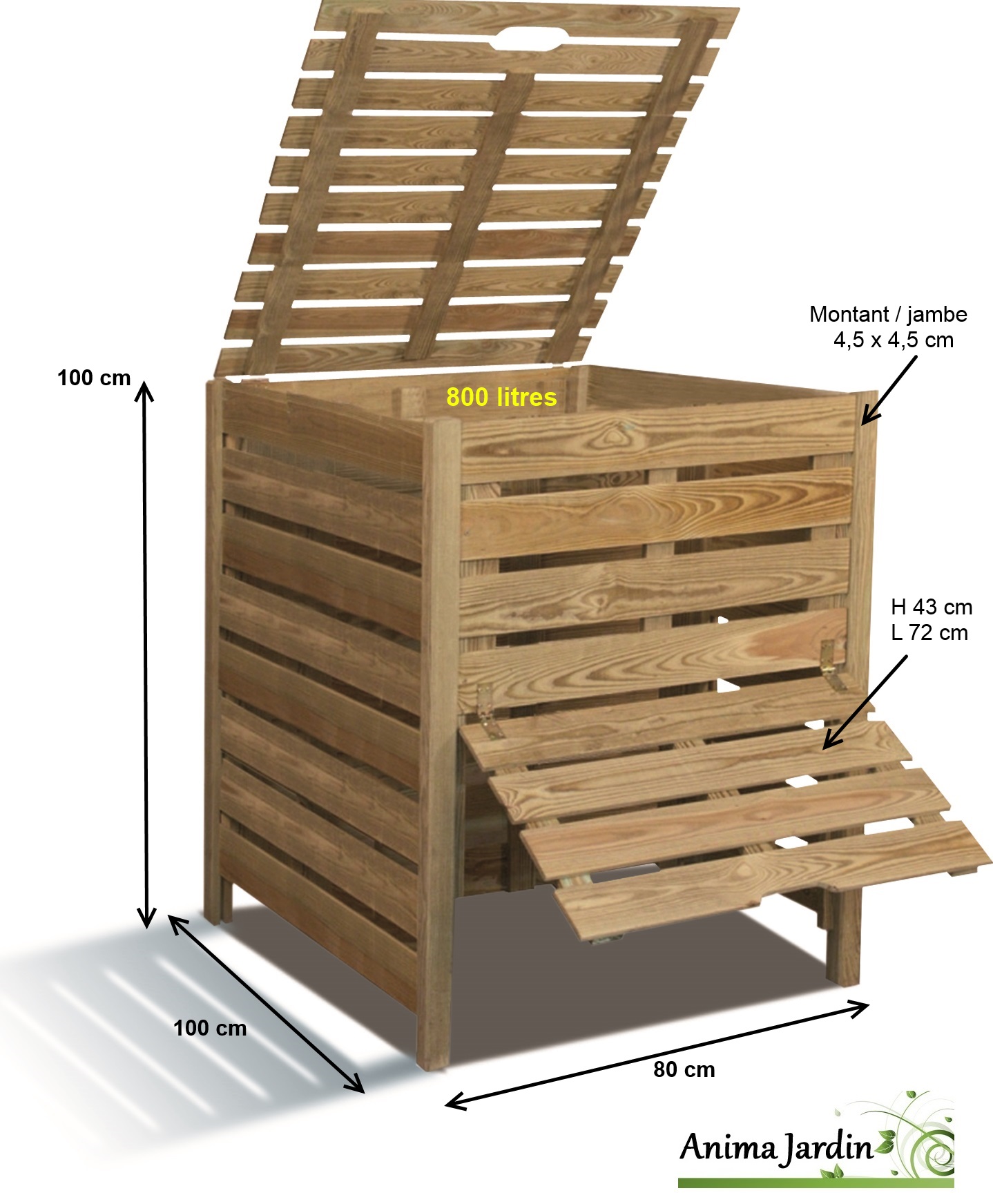 Composteur de jardin en bois, 800 litres en pin traité autoclave