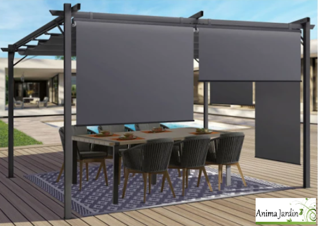 Pergola en acier gris avec stores 3,9x2,9 m, Toile rétractable, Marina, anima jardin