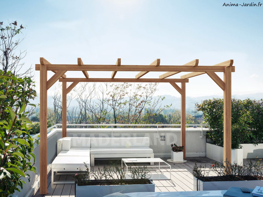 Pergola adossée en bois laminé, Sitges, Maderland, Anima-Jardin.fr