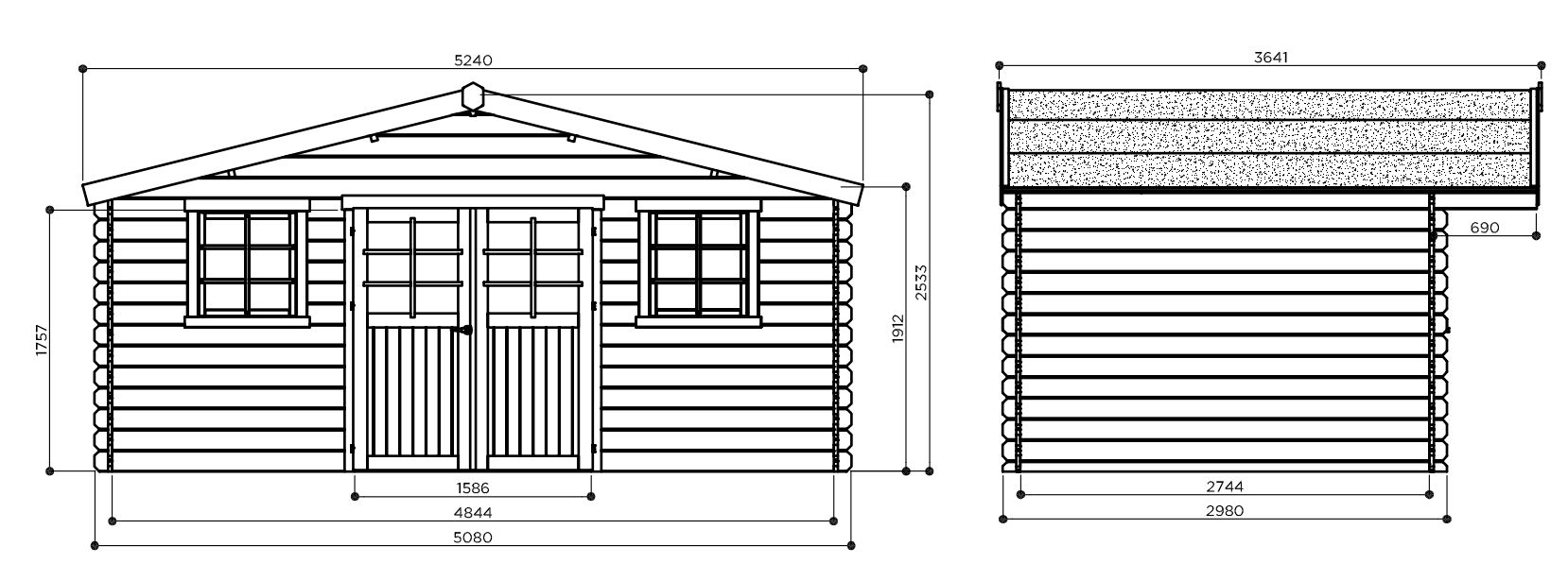 Abri de jardin en bois 28 mm-Douai-13m²-2 portes-avec avancées-Solid-dimensions-Anima-Jardin.fr