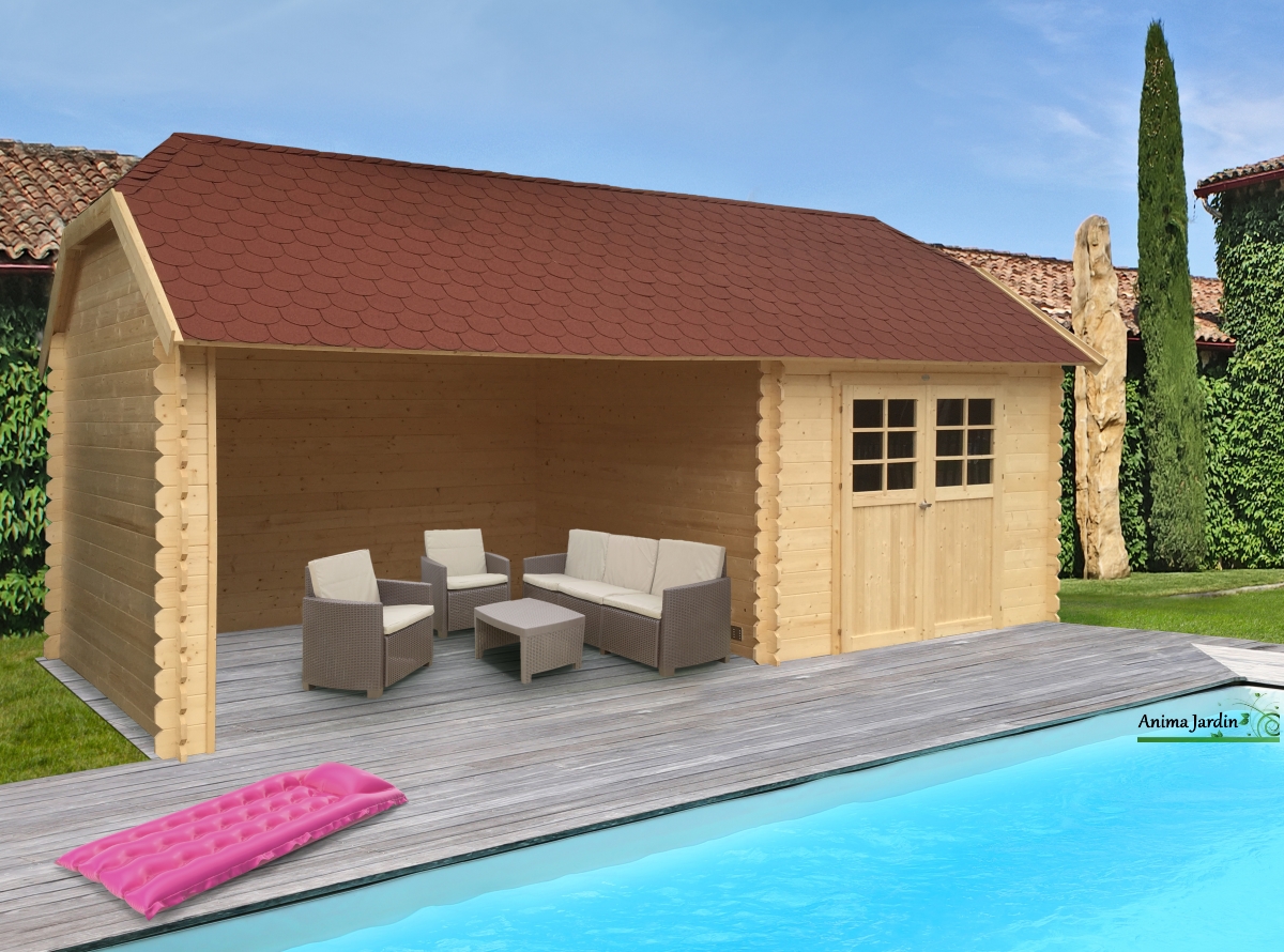 Abri de jardin / Pavillon de piscine 02 avec plancher et carton bitumé,  naturel - en éléments de