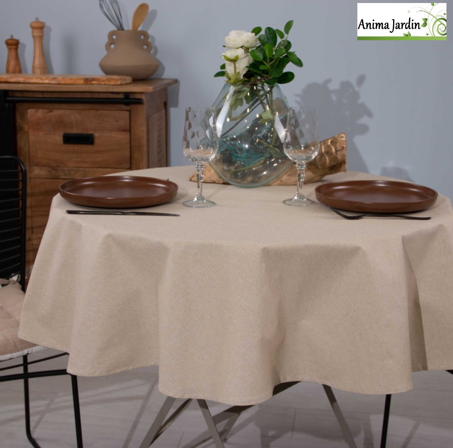 Nappe de table d'extérieur ronde, Palace Lino beige, Sud Etoffe, Anima-Jardin.fr