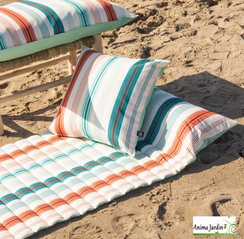 Matelas de plage St Jean De Luz, Bain de soleil, Motif rayure Aqua, Sud Etoffe, Sud Etoffe, anima jardin, pas cher